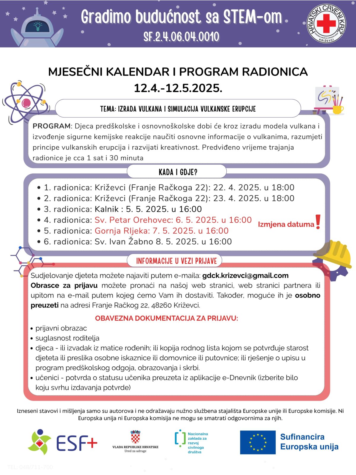 Obavijest o izmjeni datuma mjesečnog plana radionica - Crveni križ - Križevci 