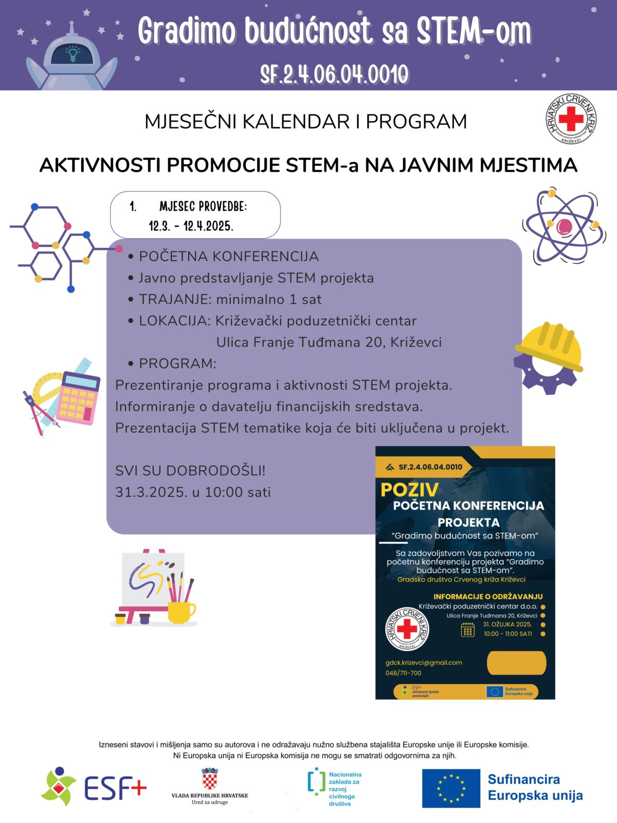 Mjesečni plan aktivnosti promocije STEM-a na javnim mjestima - Crveni križ - Križevci 