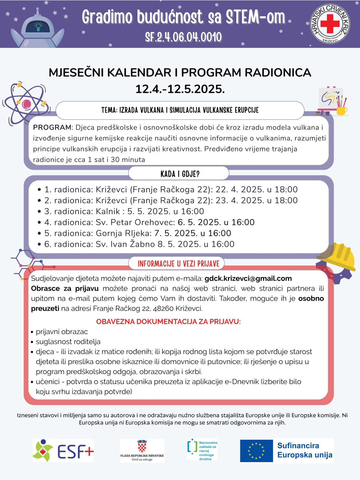 Mjesečni plan radionica projekta Gradimo Budućnost sa STEM-om - Crveni križ - Križevci 