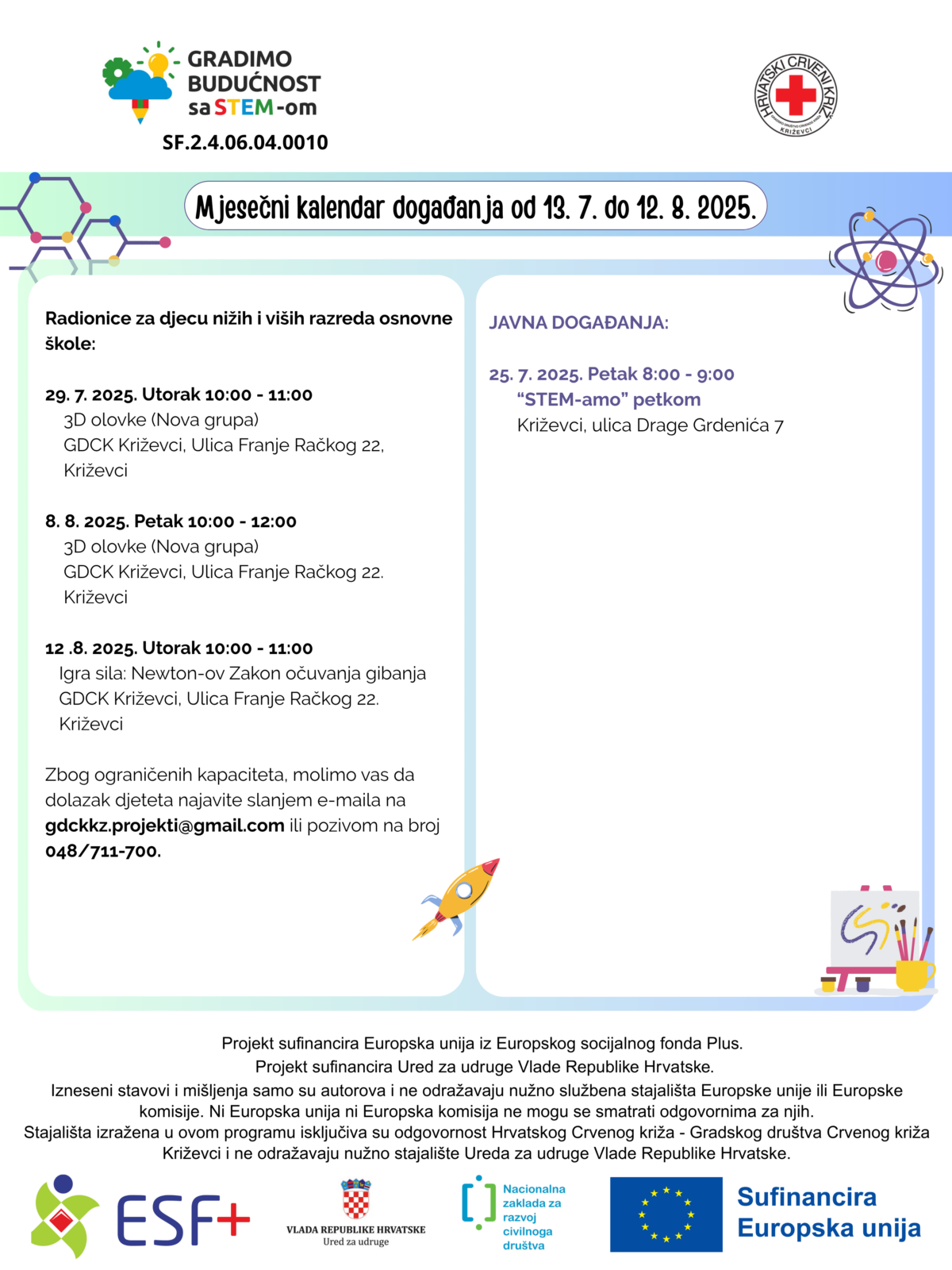Mjesečni plan događanja za 13. srpnja– 12. kolovoza 2025. – Gradimo budućnost sa STEM-om - Crveni križ - Križevci 
