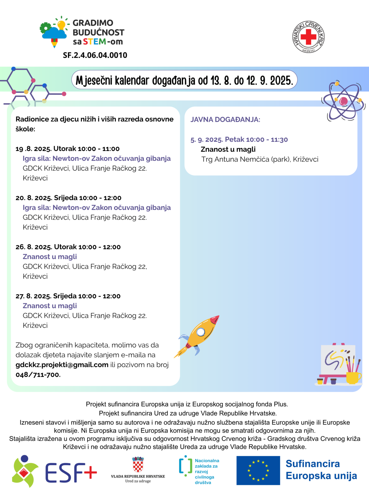 Mjesečni plan događanja za 13. kolovoza– 12. rujna 2025. – Gradimo budućnost sa STEM-om - Crveni križ - Križevci 