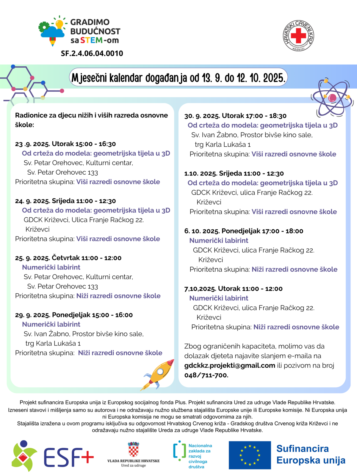 Mjesečni plan događanja za 13. rujna – 12. listopad 2025. – Gradimo budućnost sa STEM-om - Crveni križ - Križevci 