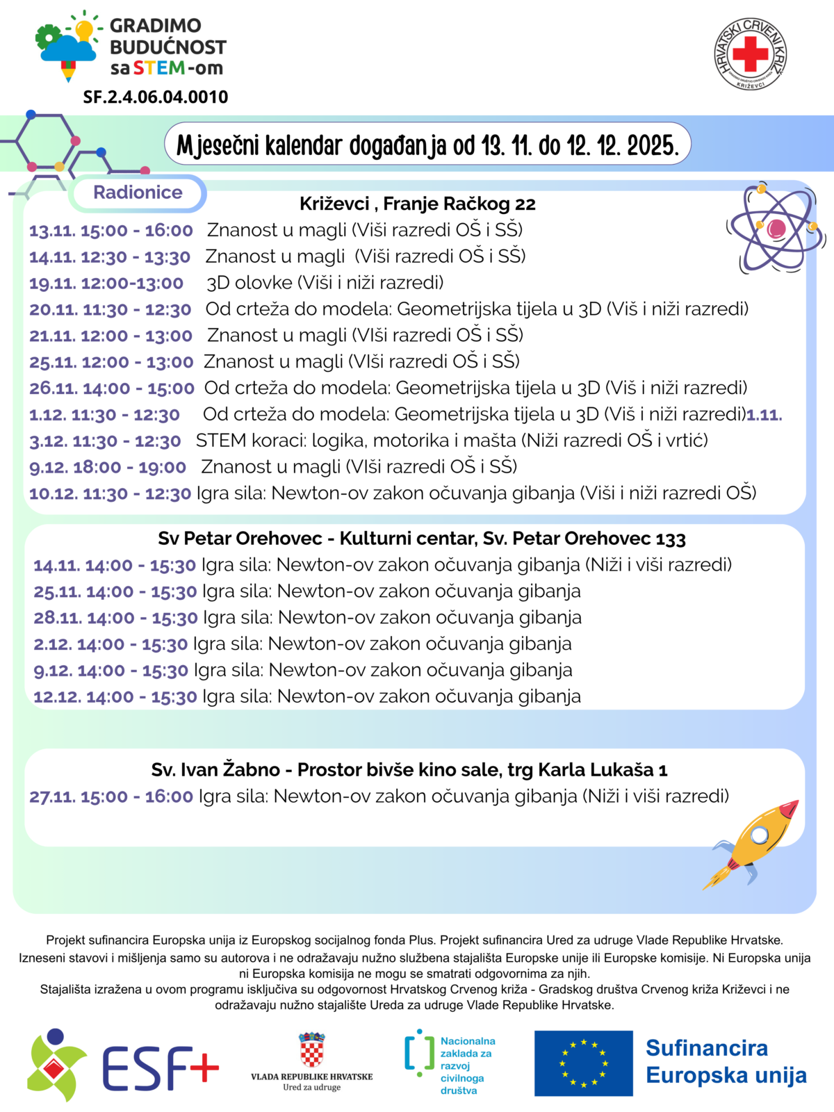 Mjesečni plan događanja za 13. studeni – 12. prosinac 2025. – Gradimo budućnost sa STEM-om - Crveni križ - Križevci 