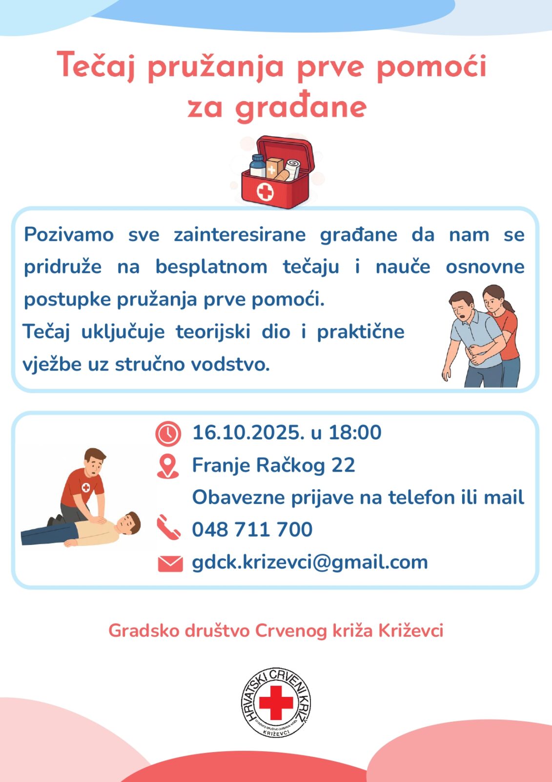 POZIV NA BESPLATNI TEČAJ PRUŽANJA PRVE POMOĆI - Crveni križ - Križevci 